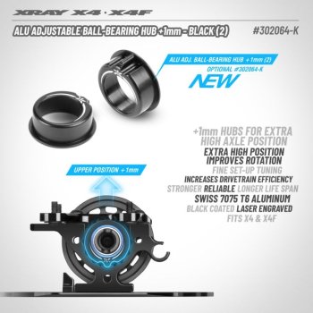 ALU ADJUSTMENT BALL-BEARING HUB +1MM - BLACK (2) XRAY