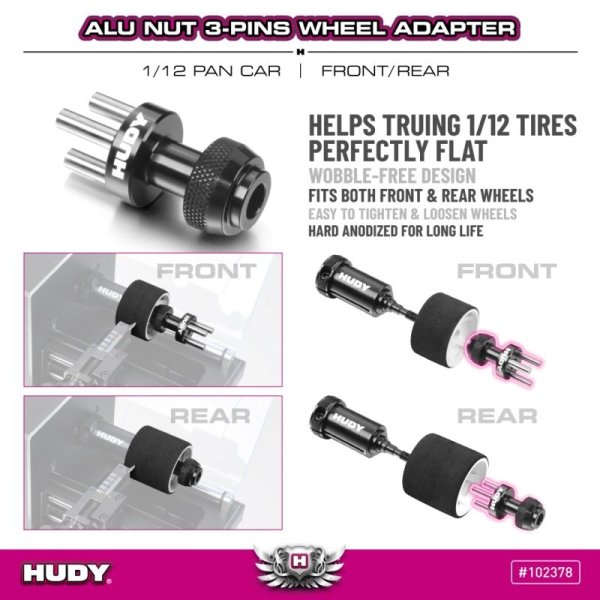 ALU NUT 3-PINS WHEEL ADAPTER - FRONT/REAR - 1/12 PAN CAR HUDY
