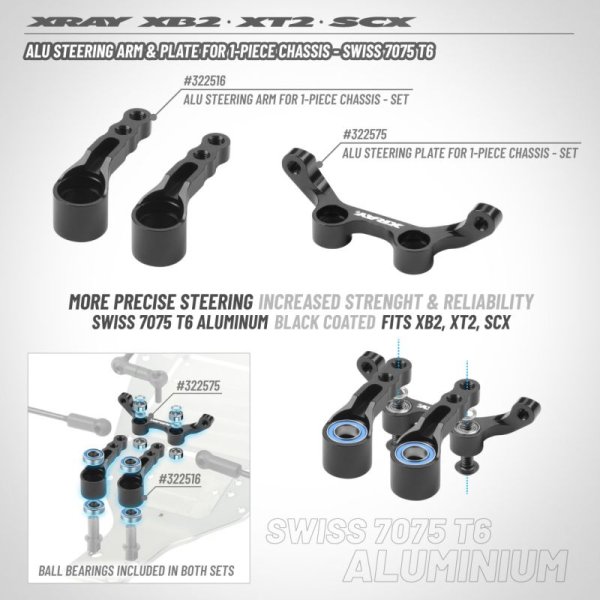 ALU STEERING ARM FOR 1-PIECE CHASSIS - SWISS 7075 T6 (2) XRAY