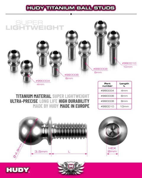 TITAN BALL STUD D=4.9 / L=10 / S=3.5 / 2mm HEX (2) HUDY